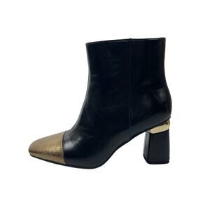 Ninety Union Black Leather Gold Shimmer Square Toe Block Heel Ankle Boots Sz 10